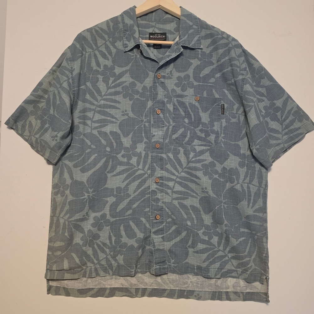 Woolrich Tropical Floral Leaf Print Camp Shirt Faded Blue Large